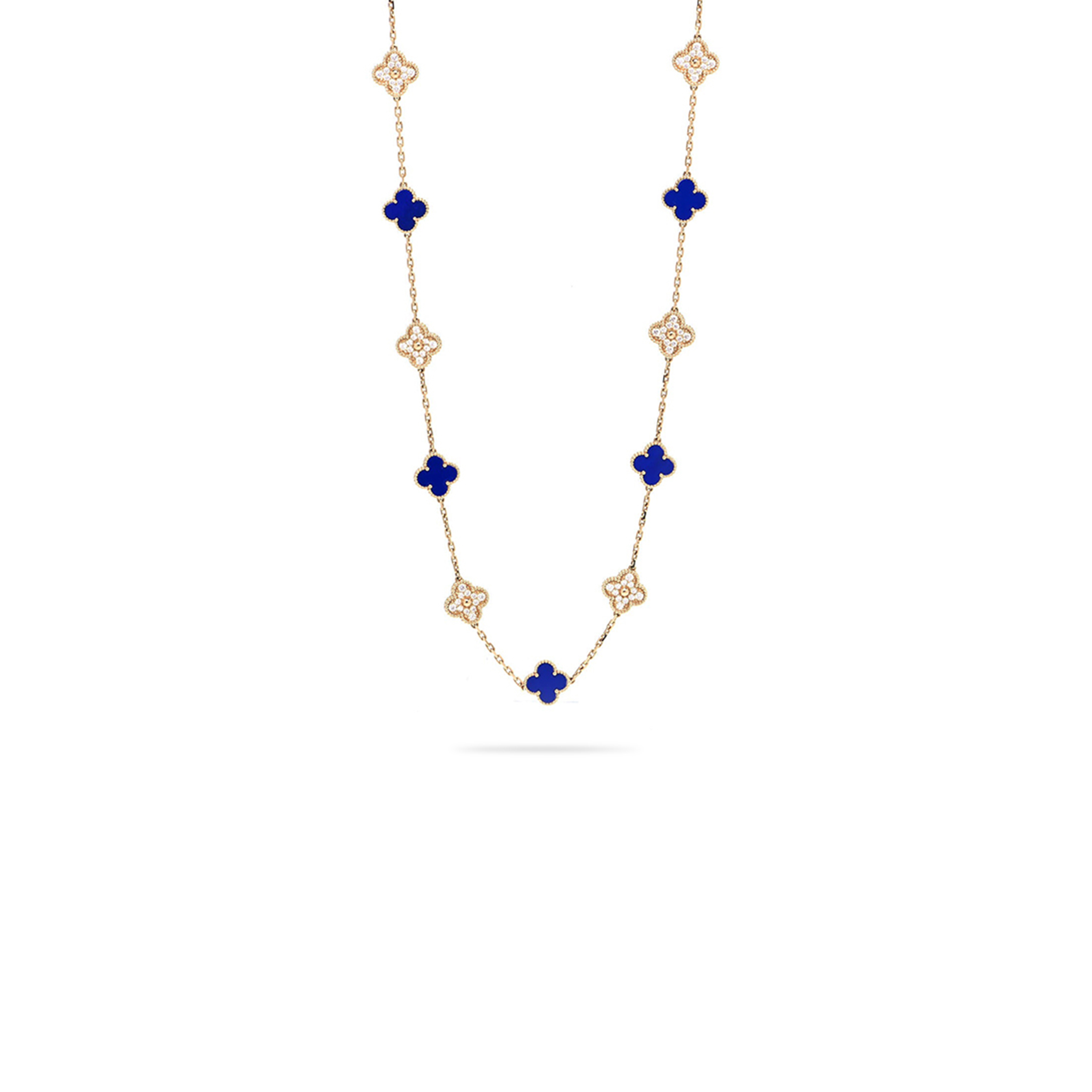 VAN CLEEF ARPELS 18K YELLOW GOLD DIAMOND LAPIS 20 MOTIFS VINTAGE ALHAMBRA NECKLACE 